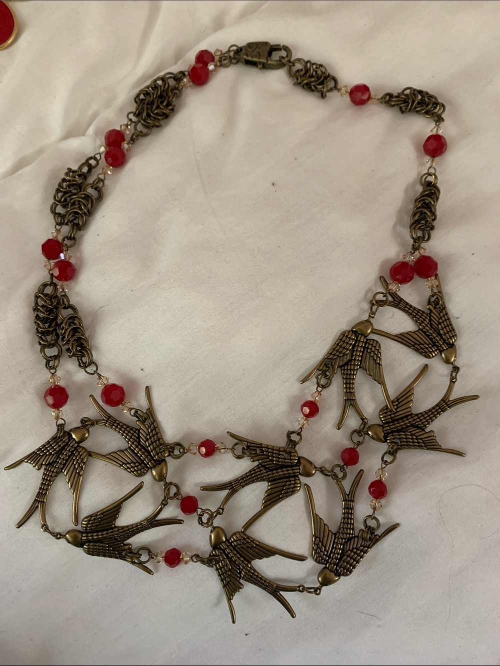 Bronze Swallow Necklace with Red Beads - Women Jewelry